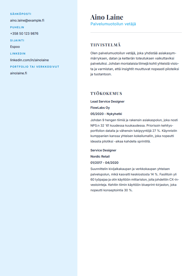 Työhakemus sivupalkilla hakemusmallin esikatselu